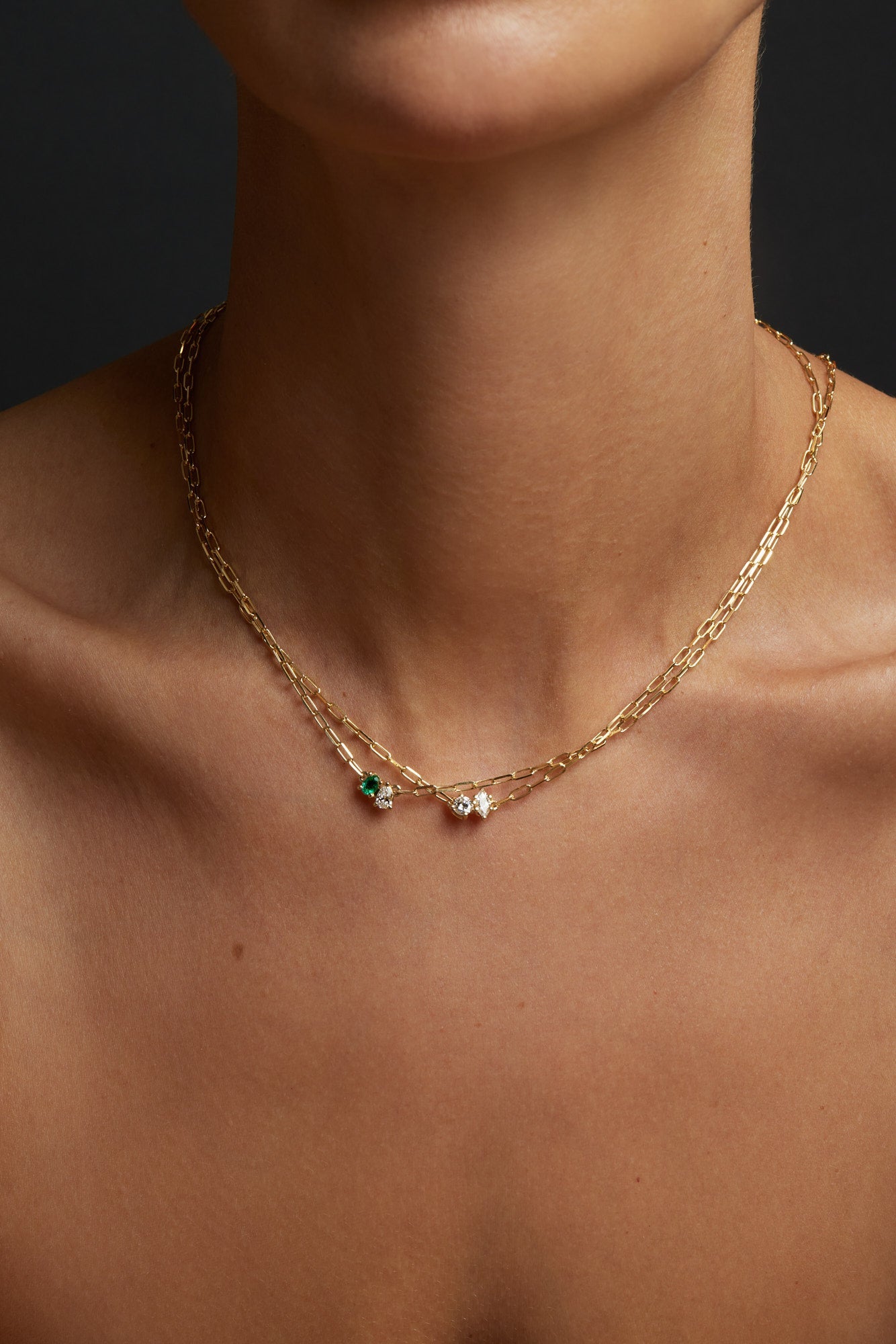 Pear Diamond and Oval Emerald Toi Et Moi Necklace | White Gold