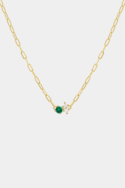 Marquise Diamond and Round Emerald Toi Et Moi Necklace | Yellow Gold