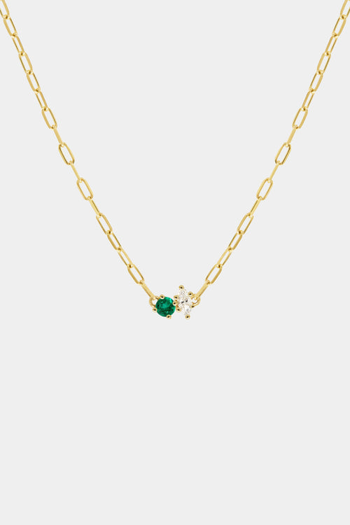 Marquise Diamond and Round Emerald Toi Et Moi Necklace | Yellow Gold