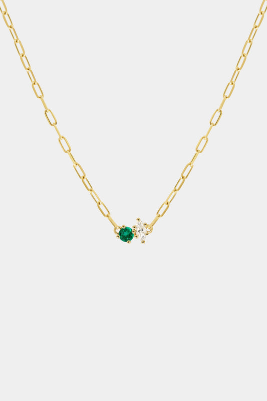 Marquise Diamond and Round Emerald Toi Et Moi Necklace | Yellow Gold