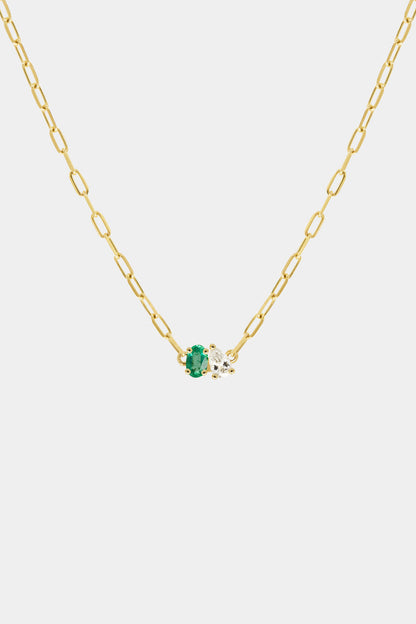 Pear Diamond and Oval Emerald Toi Et Moi Necklace | Yellow Gold