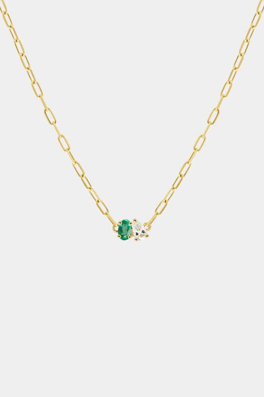 Pear Diamond and Oval Emerald Toi Et Moi Necklace | Yellow Gold