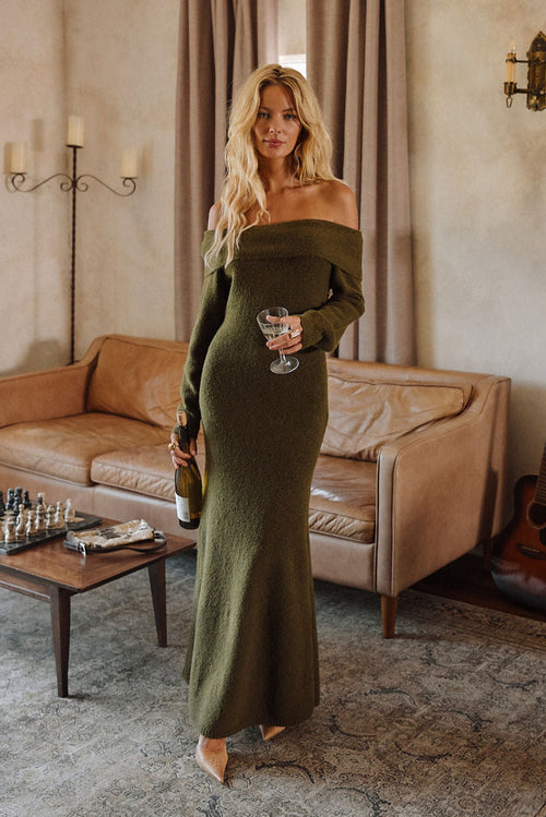 Simone Dark Olive Sweater Maxi Dress
