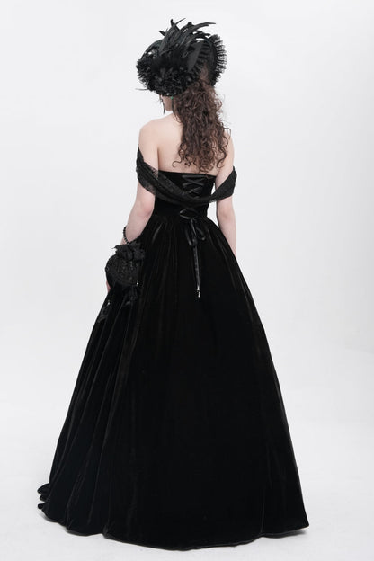 Black Off Shoulder Embroidery Lace Lace-Up Women's Gothic Gown Dress