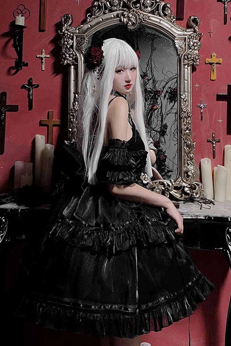 Black Angels Come Detached Hime Sleeves Ruffle Gothic Lolita Jsk Tiered Dress
