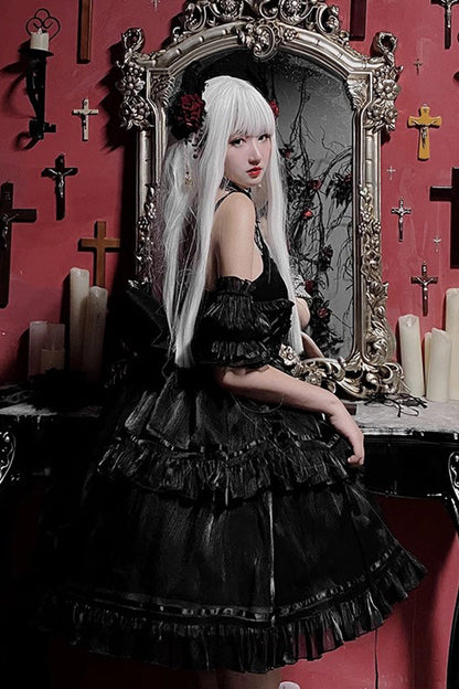 Black Angels Come Detached Hime Sleeves Ruffle Gothic Lolita Jsk Tiered Dress