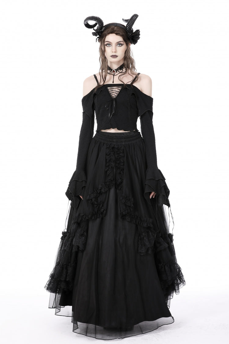 Black Off Shoulder Long Trumpet Sleeves Lace-Up Women's Gothic Sexy Crop Top