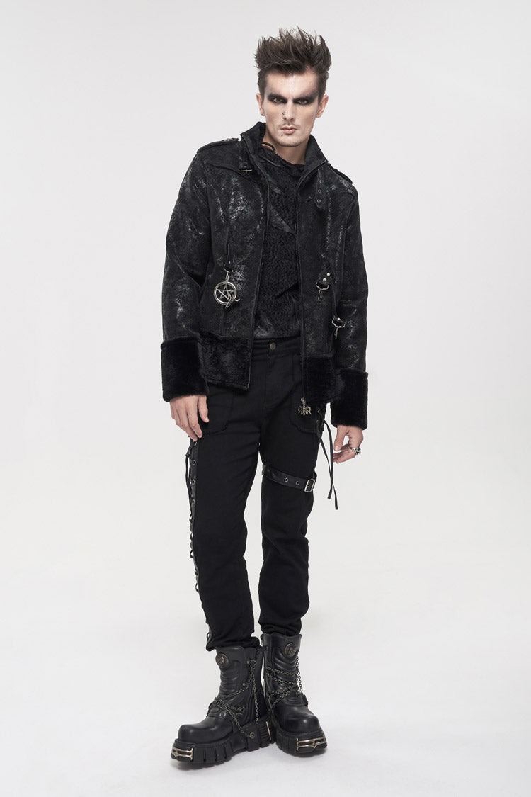 Black Five Pointed Star Decoration Retro Suede Short Plush Men's Punk Coat