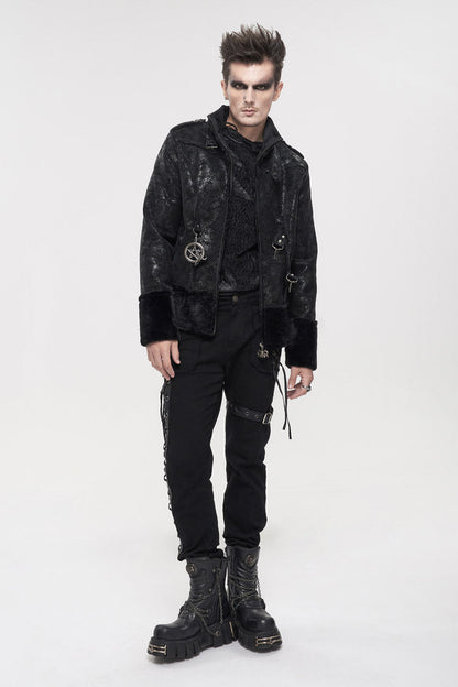 Black Five Pointed Star Decoration Retro Suede Short Plush Men's Punk Coat