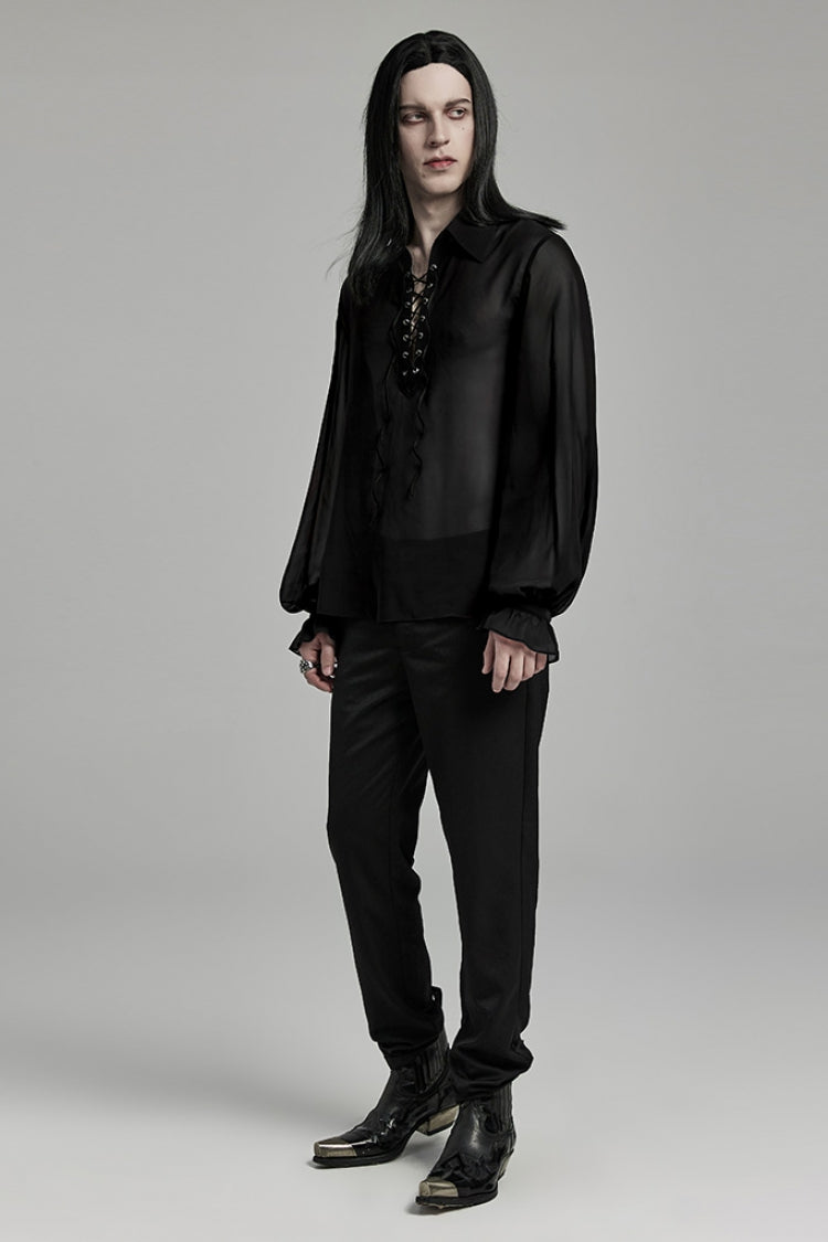 Black Lapel Collar Sheer Men's Gothic Blouse