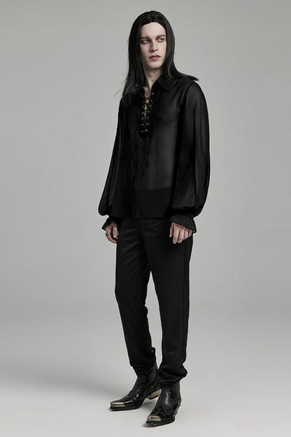 Black Lapel Collar Sheer Men's Gothic Blouse