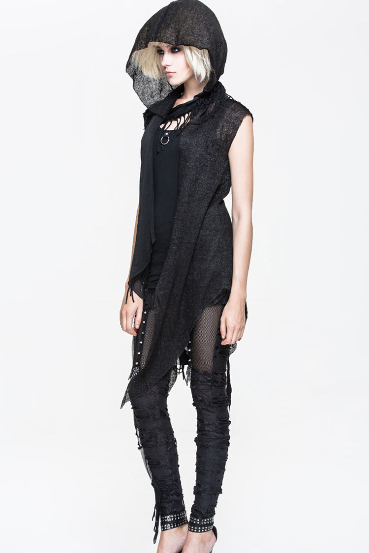 Black Asymmetrical Hole Wool Knit Women's Punk Hooded Shawl