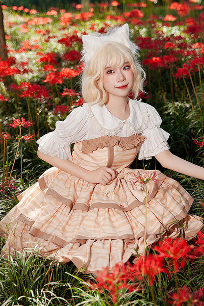 Apricot [Cloth Cat] Triple-Layered Print Ruffle Bowknot Sweet Lolita Dress