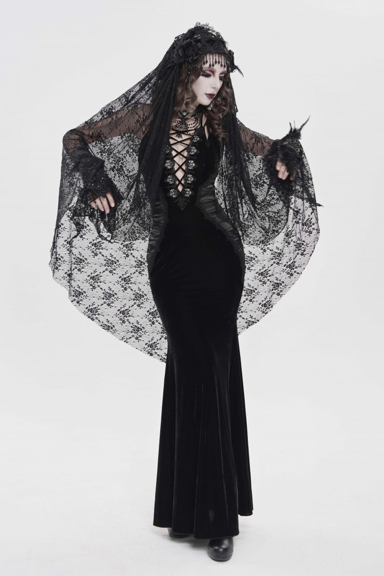 Black Off Shoulder Sleeveless Hanayome Spliced Lace-Up Slim Pleated Women's Gothic Jsk Dress