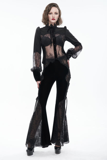 Black High Collar Translucent Lace Patchwork Bow Decoration Long Sleeve Women's Gothic Shirt
