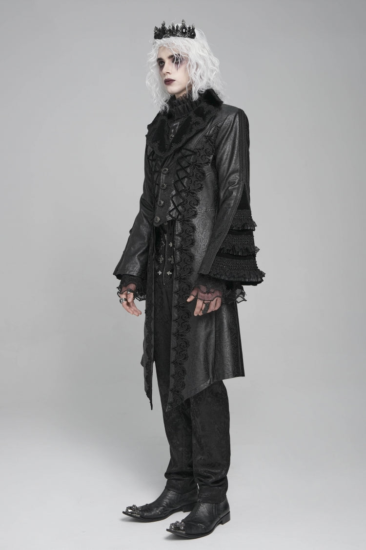 Black Long Trumpet Sleeves Floral Crochet Embroidery Lace-Up Men's Gothic Coat