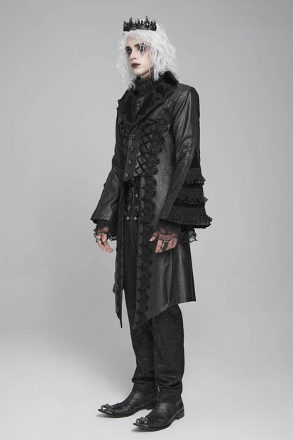 Black Long Trumpet Sleeves Floral Crochet Embroidery Lace-Up Men's Gothic Coat