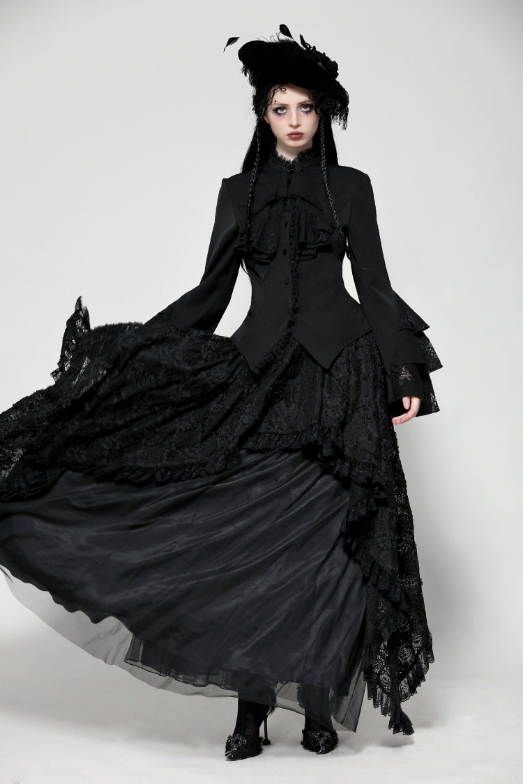 Black Lace Stand Collar Multi-Layered Ruffled Long Flared Sleeves Women's Gothic Blouse