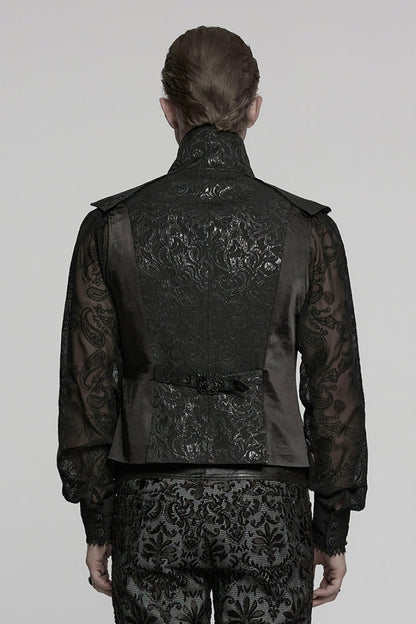 Black Lapel V Collar Long Sleeves Embroidery Men's Gothic Vest