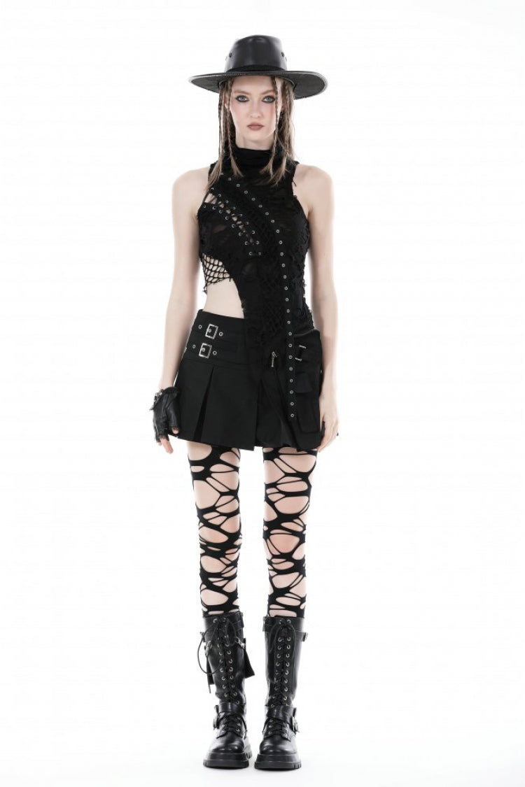 Black High Collar Sleeveless Irregular Asymmetric Lace-Up Eyelet Women's Punk Ripped Tank Top