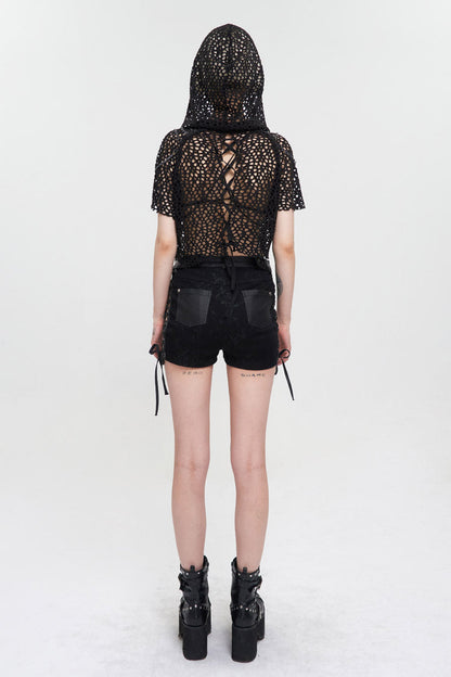 Black Cutout Hood Irregular Hem Aluminium Chain On Shoulder Short Sleeve Women's Punk T-Shirt