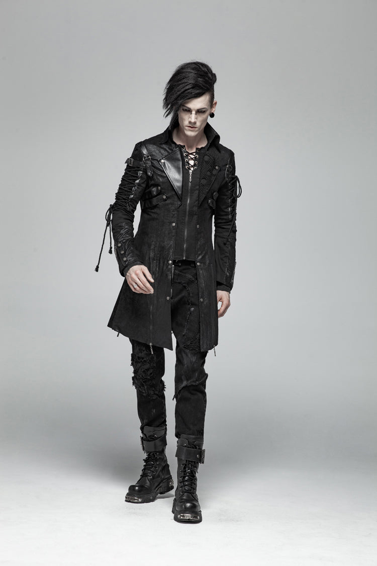 Black Metal Buckle Decoration Zipper Mens Steampunk Windbreaker Coat