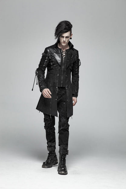 Black Metal Buckle Decoration Zipper Mens Steampunk Windbreaker Coat