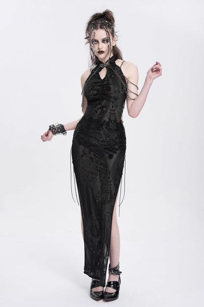 Black Halterneck Sleeveless Cheongsam Collar Side Slit Embroidery Women's Gothic Dress