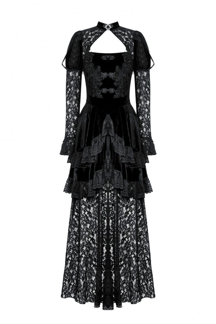 Black Long Puff Sleeves Cut-Out Lace Spliced Velvet Lace-Up Women's Gothic Princess Evening Dress