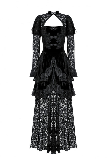 Black Long Puff Sleeves Cut-Out Lace Spliced Velvet Lace-Up Women's Gothic Princess Evening Dress