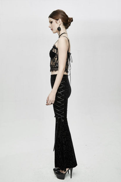 Black Adjustable Flocking Ribbons Decorated Lace Halter Gothic Corset