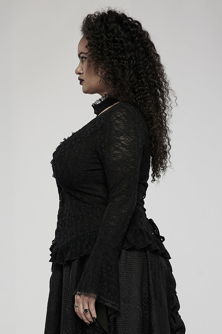 Black Elasticity Lace Fabric Sexy Perspective Embroidery Decoration Cross Rope Trumpet Sleeve Women's Plus Size Gothic T-Shirt