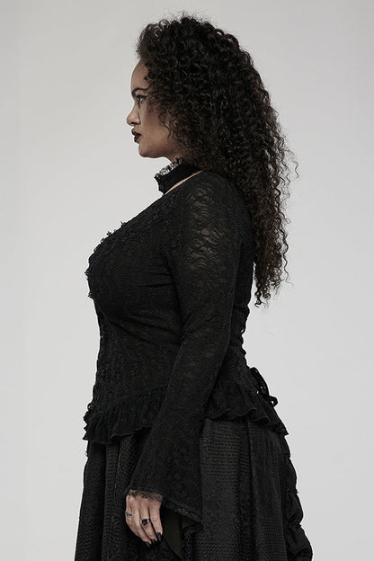 Black Elasticity Lace Fabric Sexy Perspective Embroidery Decoration Cross Rope Trumpet Sleeve Women's Plus Size Gothic T-Shirt