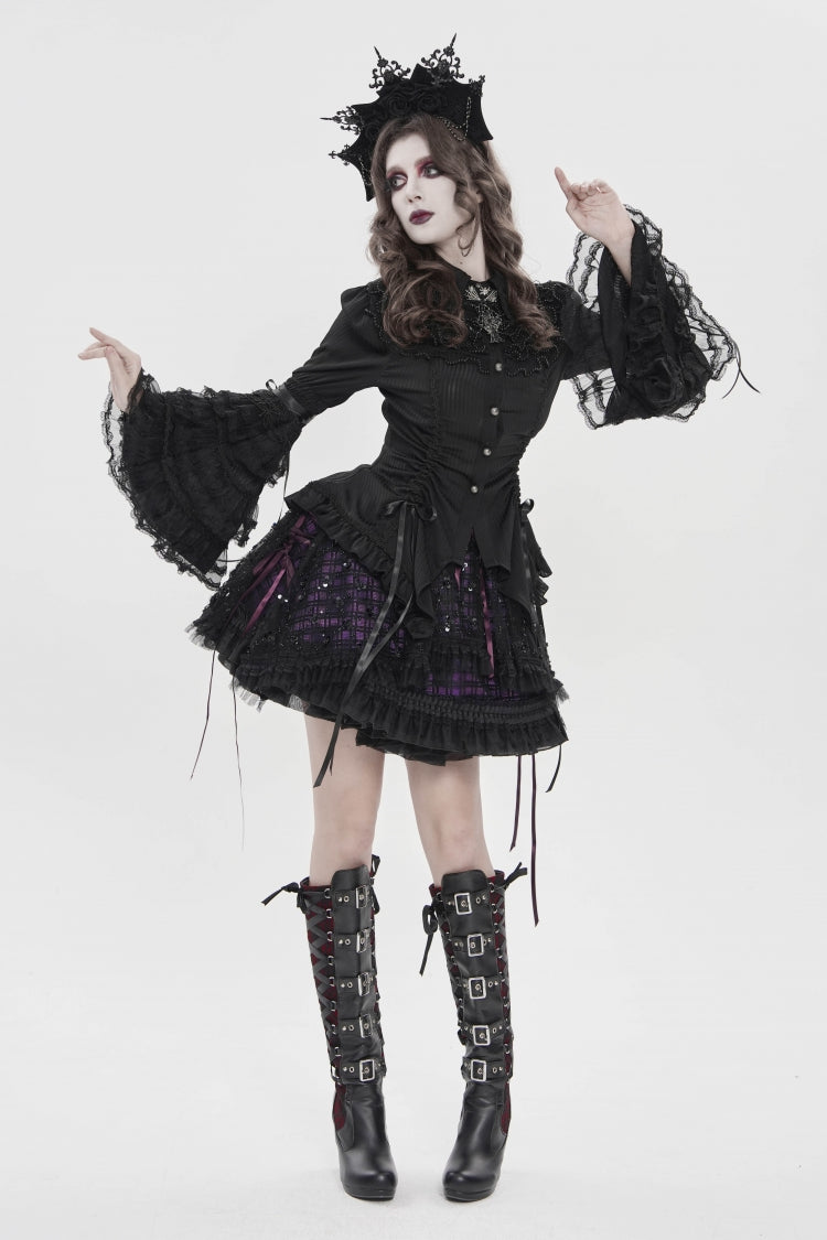 Black Lapel Collar Long Trumpet Sleeves Lace Lace-Up Women's Gothic Blouse