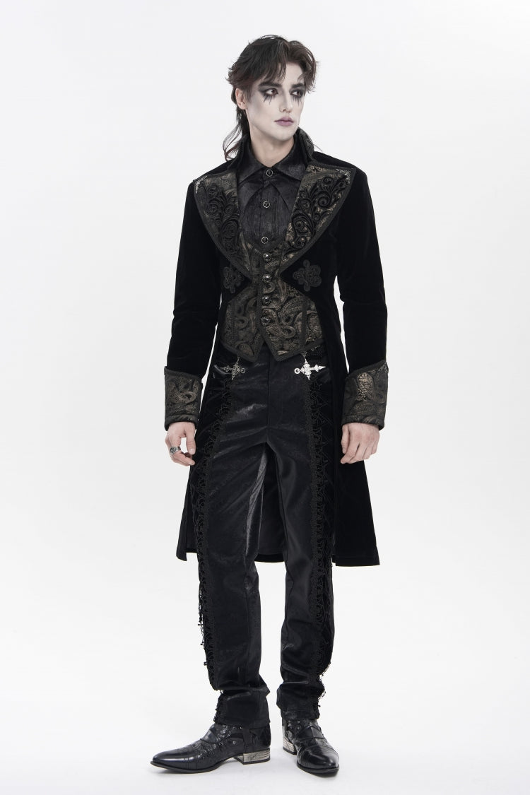 Black Lapel Collar Long Sleeves Jacquard Embroidered Slim Color-Blocked Men's Gothic Jacket