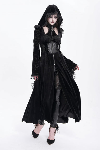 Black Long Sleeves Hollow Embroidery Hooded Ripped Women's Gothic Dress Coat