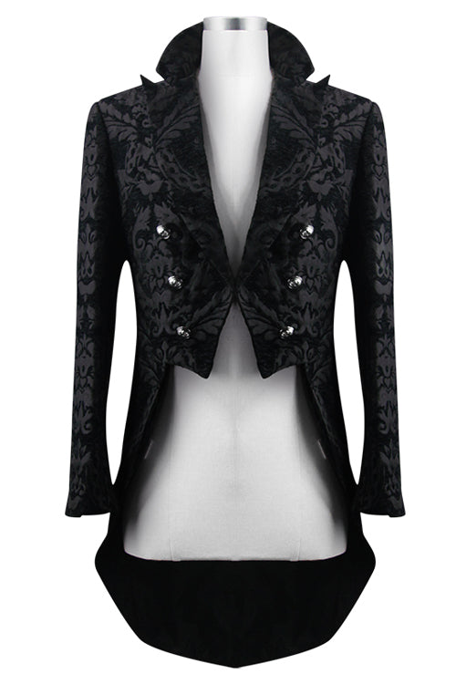 Black Gothic Jacquard Mens Coat With Slit