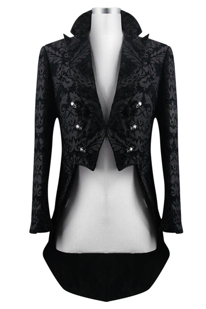 Black Gothic Jacquard Mens Coat With Slit