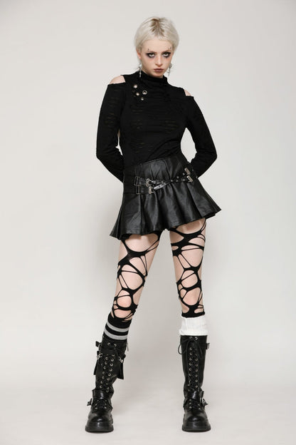 Black Long Sleeves Cut-Out Ripped Zippered Eyelets Women's Punk Distressed Top