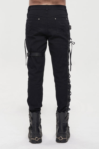 Black Metal Decorative Lace Up Leg Loops Long Men's Punk Pants