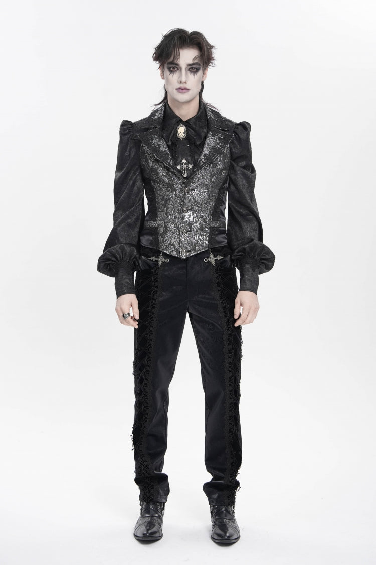 Black Lapel Collar Off Shoulder Halterneck Sleeveless Jacquard Lace Slim Color-Blocked Men's Gothic Palace Vest