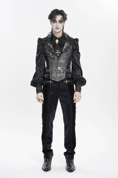 Black Lapel Collar Off Shoulder Halterneck Sleeveless Jacquard Lace Slim Color-Blocked Men's Gothic Palace Vest