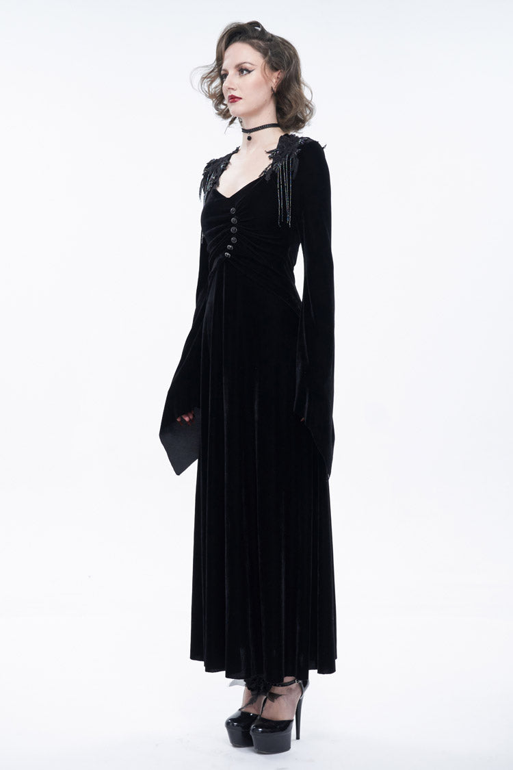Black Embroidered Fringe Flared Sleeve Women's Gothic Dress