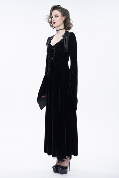 Black Embroidered Fringe Flared Sleeve Women's Gothic Dress
