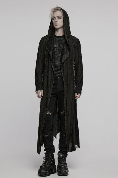 Black Long Sleeves Stitching Irregular Hooded Mesh Ripped Men's Gothic Coat