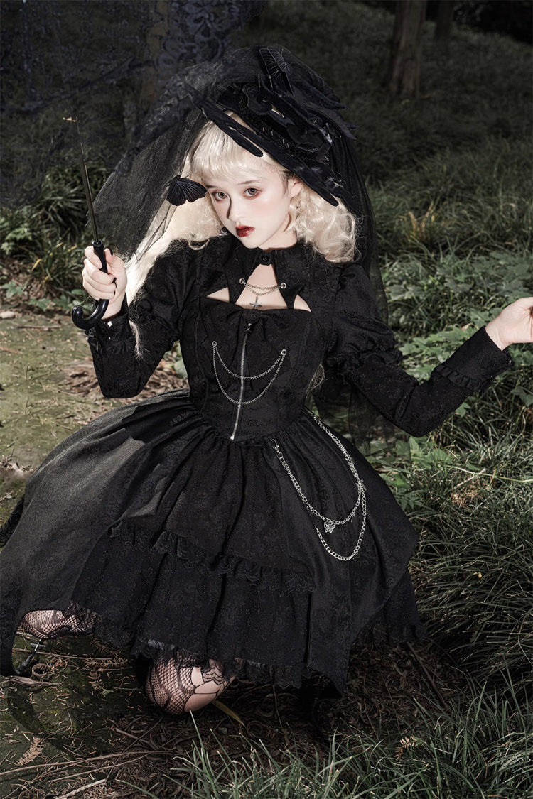 Black Dark Night Law Long Sleeves High Waisted Cardigan Bowknot Lace Gothic Lolita Dress