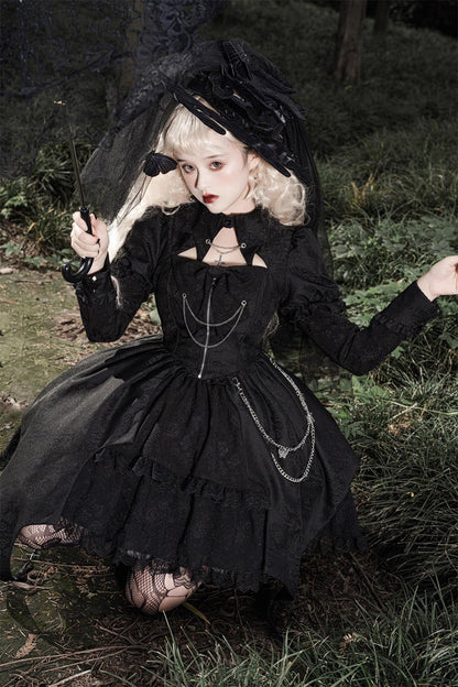 Black Dark Night Law Long Sleeves High Waisted Cardigan Bowknot Lace Gothic Lolita Dress