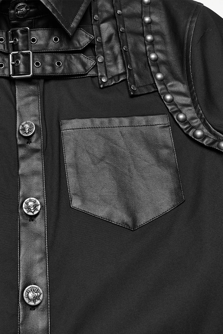 Black Lapel Collar Long Sleeves Faux Leather Stitching Buckle Men's Punk Blouse