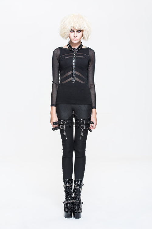 Black Bright Leather Loops Ribbed Mesh Sleeves Cool Punk Women T-Shirt