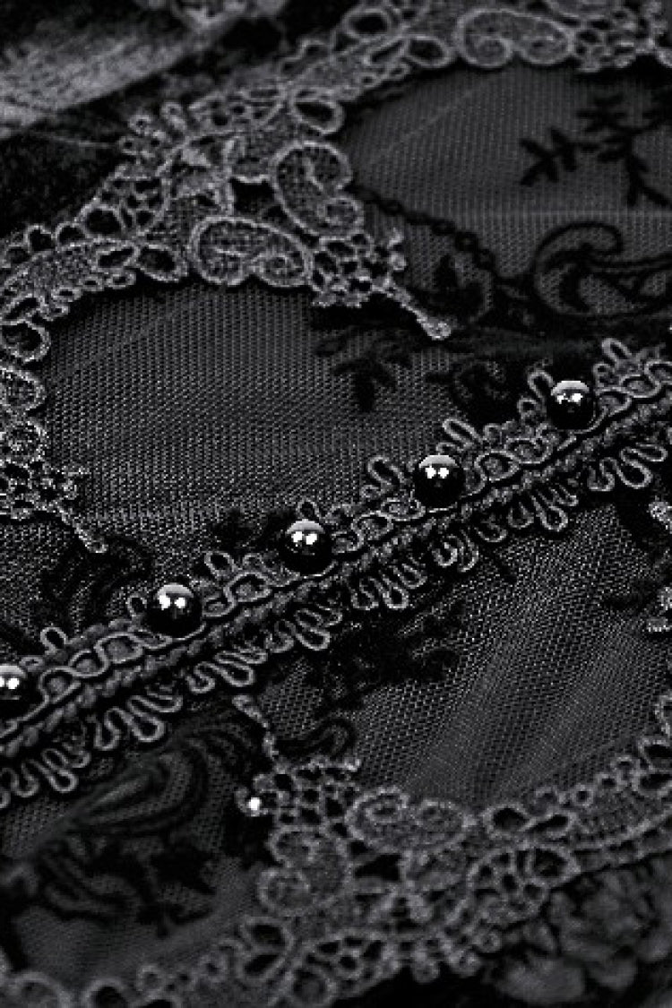 Black Off Shoulder Long Trumpet Sleeves Velvet Spliced Mesh Women's Gothic Graduation Dress